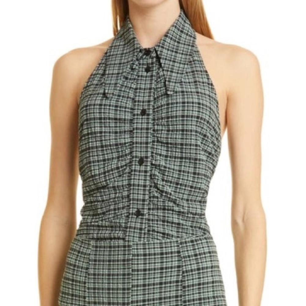 Ganni Checkered Seersucker Ruched Button Front Halter Top Size 36 NWT